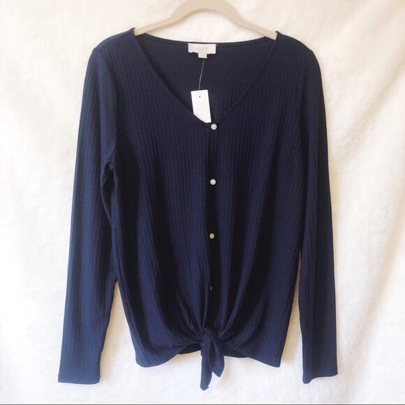 LOFT Blue Button Tie Hem Long Sleeve Shirt - Picture 6 of 12